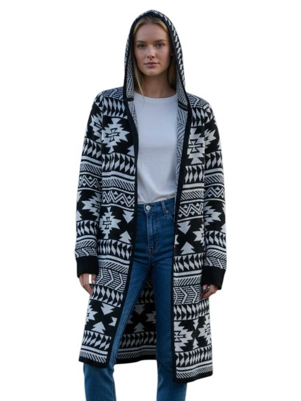 SEDUCTIONS Hooded Black & White Aztec Knit Cardigan